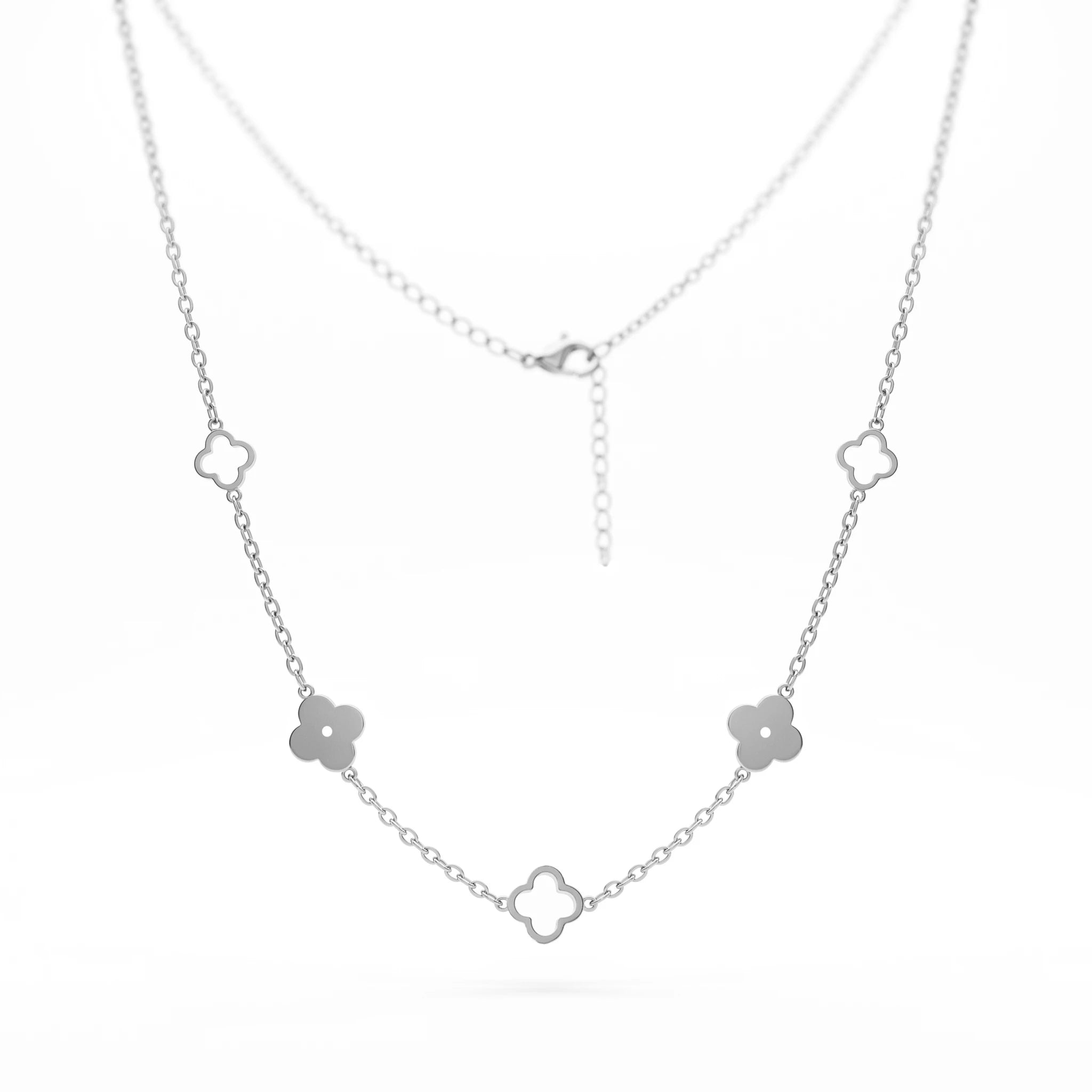 QIAOREN 10598 18K Gold Plated Mixed Solid & Hollow Clover Station Necklace Stainless Steel Tarnish Free