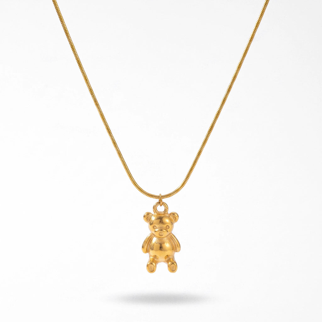 QIAOREN 14376 Cute 3D Teddy Bear Pendant Snake Chain Necklace, Stainless Steel Necklace Jewelry Gift for Daily Fashion Outfits