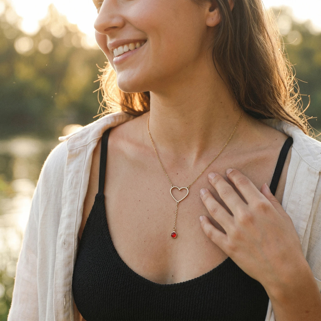 QIAOREN 11818 Waterproof Hollow Heart Lariat Necklace 18K Gold Stainless Steel Red CZ Drop Beach-Ready Summer Vacation Jewelry