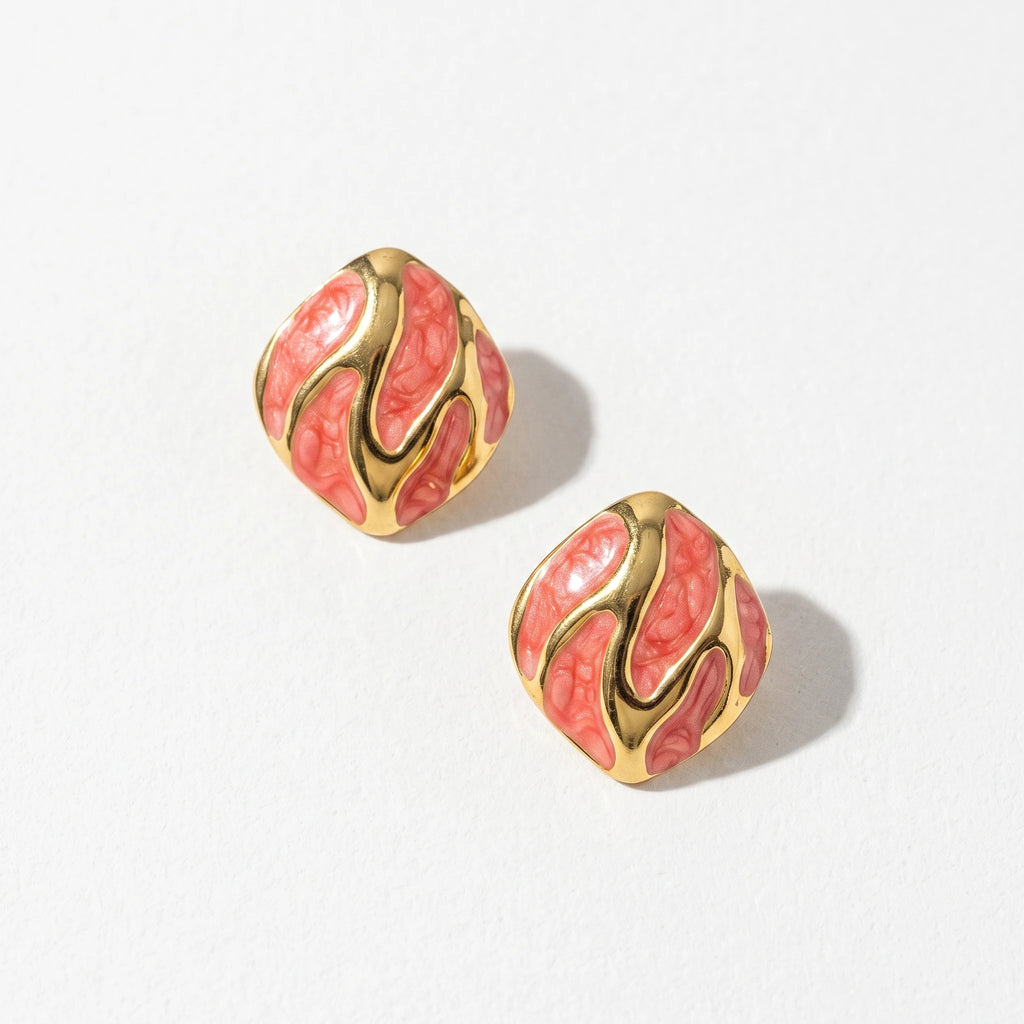 QIAOREN 13647-50  Irregular Square Wave Enamel Stud Earring Set, Curved Gold Line Inlaid Gloss Resin Gold Frame