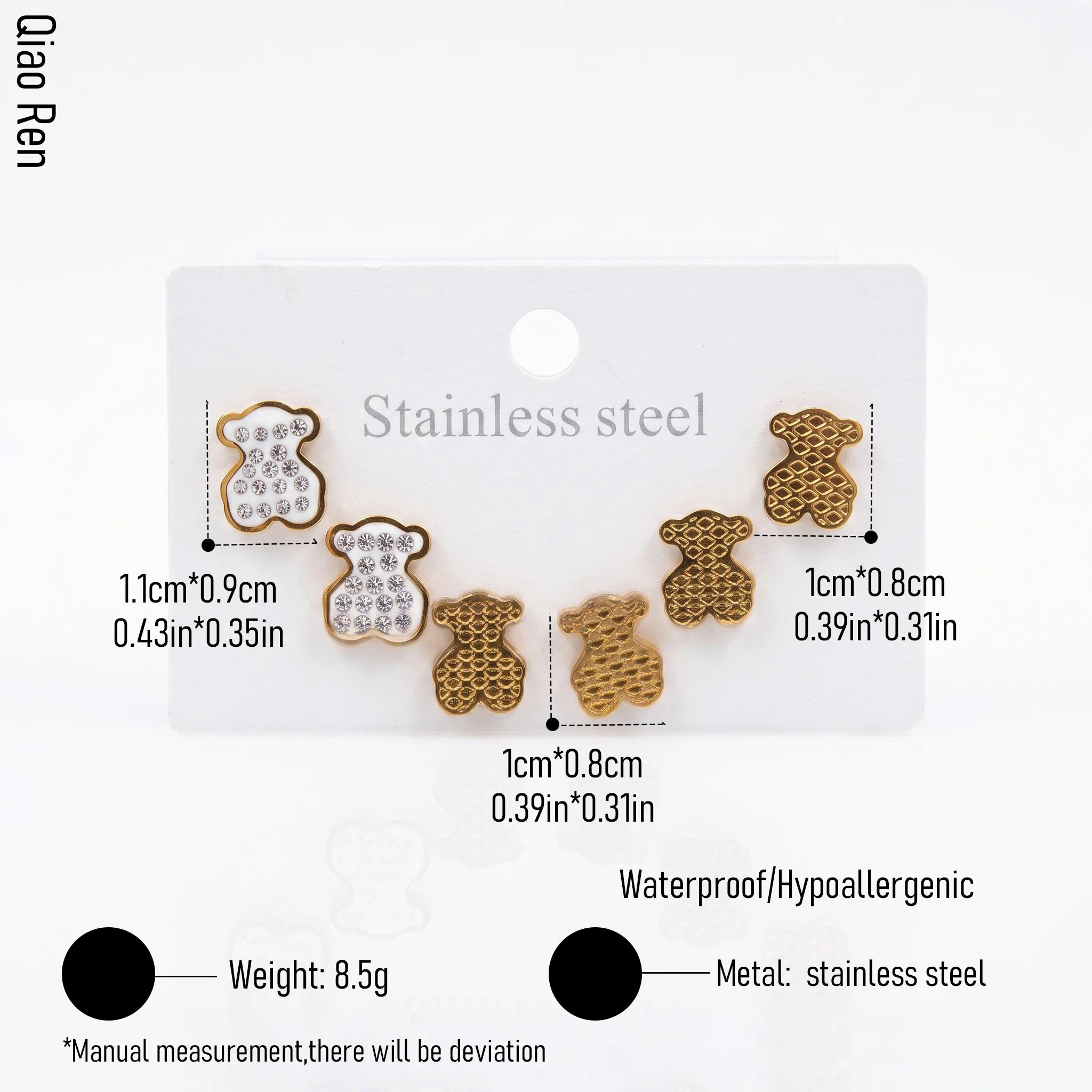 QIAOREN 14466 3 Pair Gold Stainless Steel Bear Stud Earrings, Paved CZ Enamel Bear & Honeycomb Textured Bear Earrings