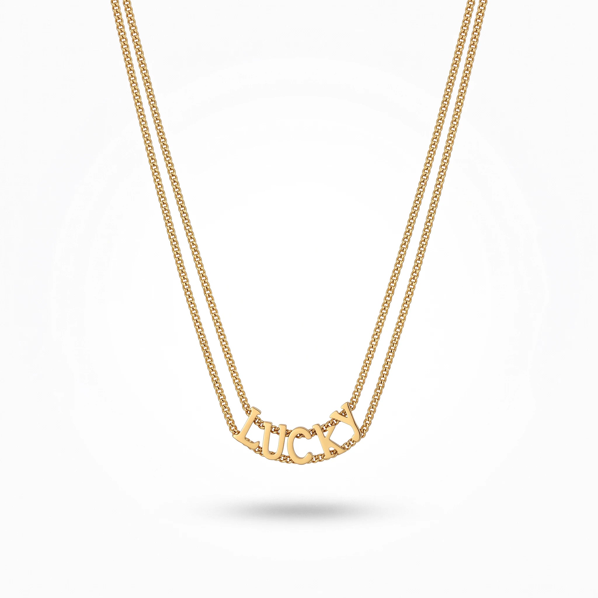 QIAOREN 13808 Double Layer Thin Curb Chain Pendant Necklace with Curved Cutout LUCKY Letter Charm, Polished Gloss Gold