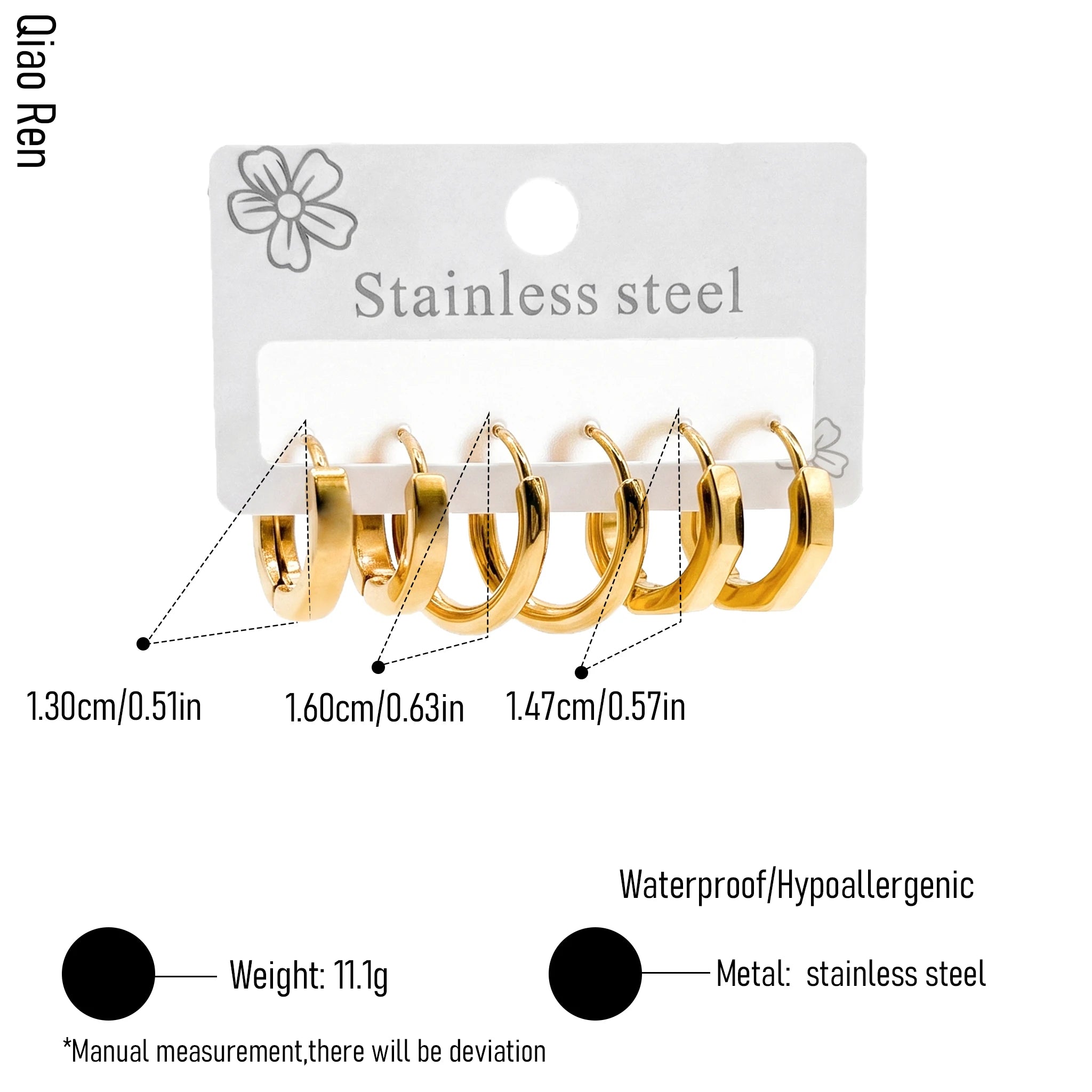 QIAOREN 14457 3 Pair Gold Stainless Steel Polygon Huggie Hoop Earrings, Beveled Multi Sided Small Hoops for Women Daily Jewelry