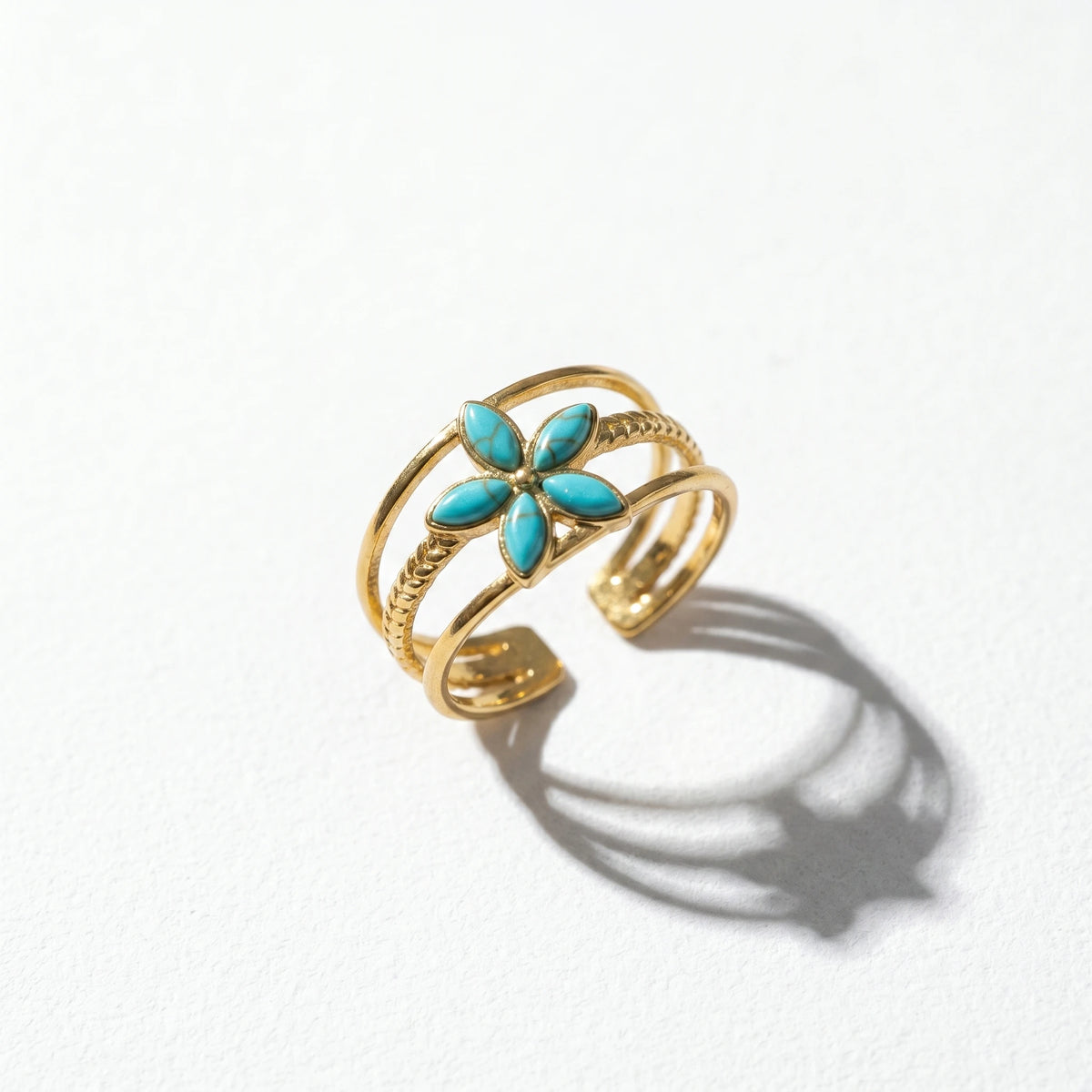 QIAOREN 13166-70 5Pcs Gold Stainless Steel Turquoise Open Ring Set Irregular Hammered Crown Adjustable Boho Stackable Rings