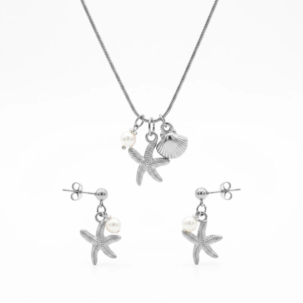 QIAOREN 10804 Waterproof Tarnish Resistant 18K Gold Plated Stainless Steel Starfish Pearl Trendy Necklace Bracelet Set Jewelry