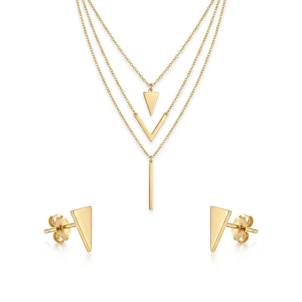 QIAOREN 11569 18K Gold Plated Stainless Steel Layered Necklace Earrings Set, Minimalist V Shape Triangle Vertical Bar Jewelry