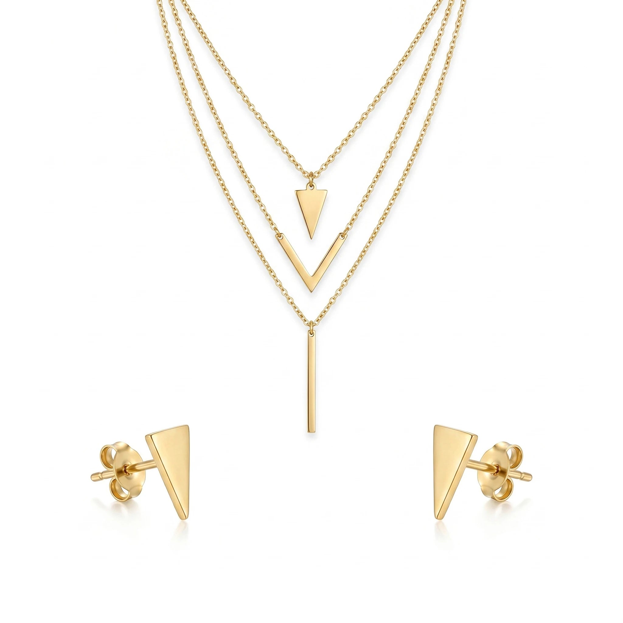 QIAOREN 11569 18K Gold Plated Stainless Steel Layered Necklace Earrings Set, Minimalist V Shape Triangle Vertical Bar Jewelry