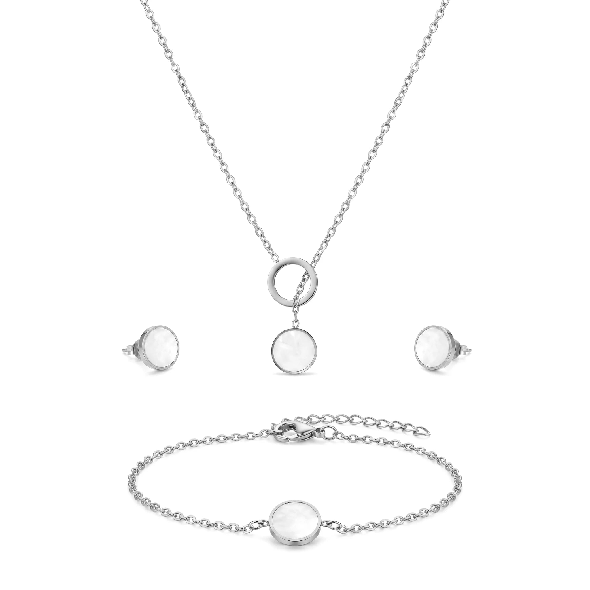 QIAOREN 11938 Trendy Mother of Pearl Round Jewelry Set Gold Stainless Steel Circle Necklace Earrings Bracelet for Women US EU