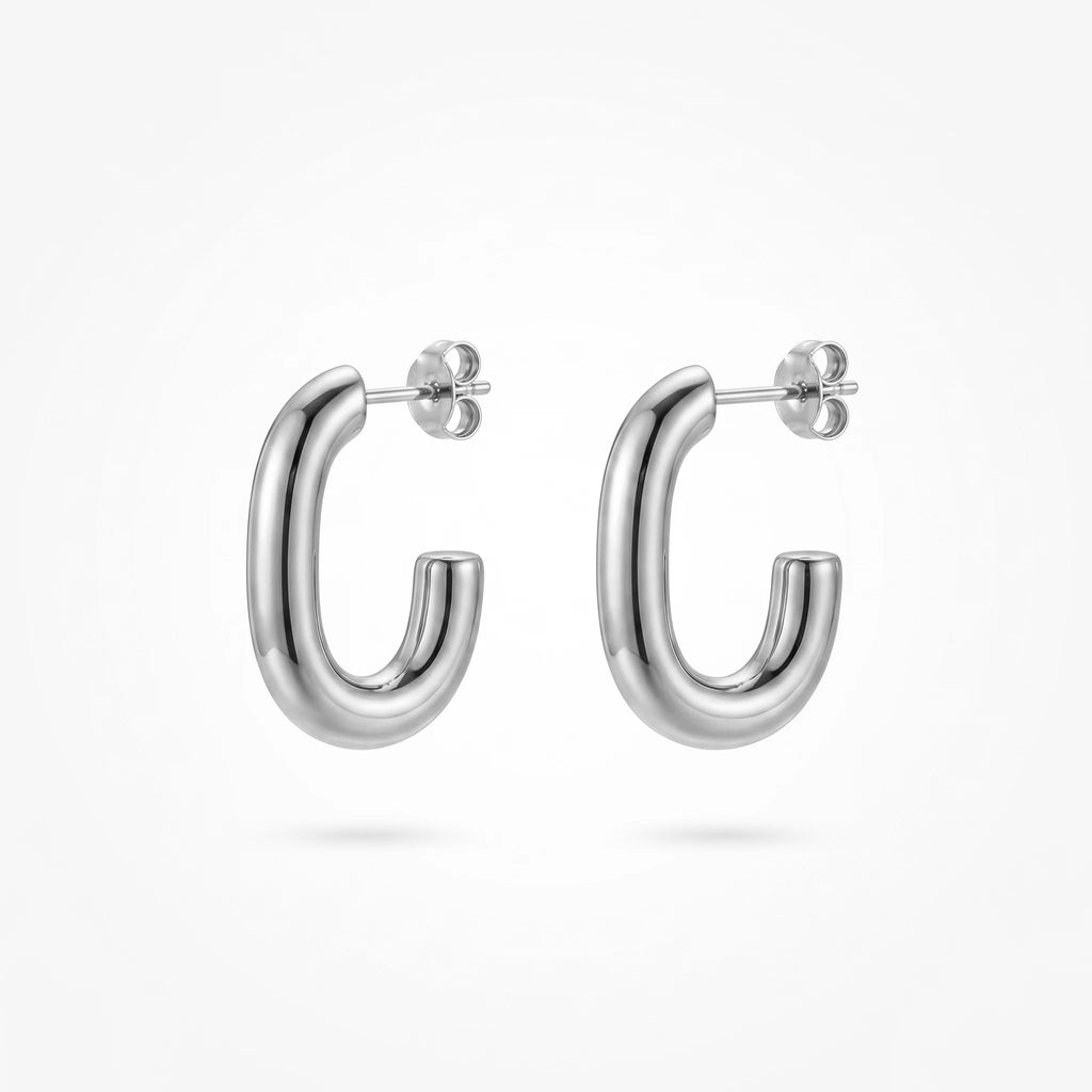 QIAOREN 12389 Trendy Chunky U Shape Hoop Earrings Gold Stainless Steel Bold Elongated Paperclip Open C Hoops Studs Women US EU