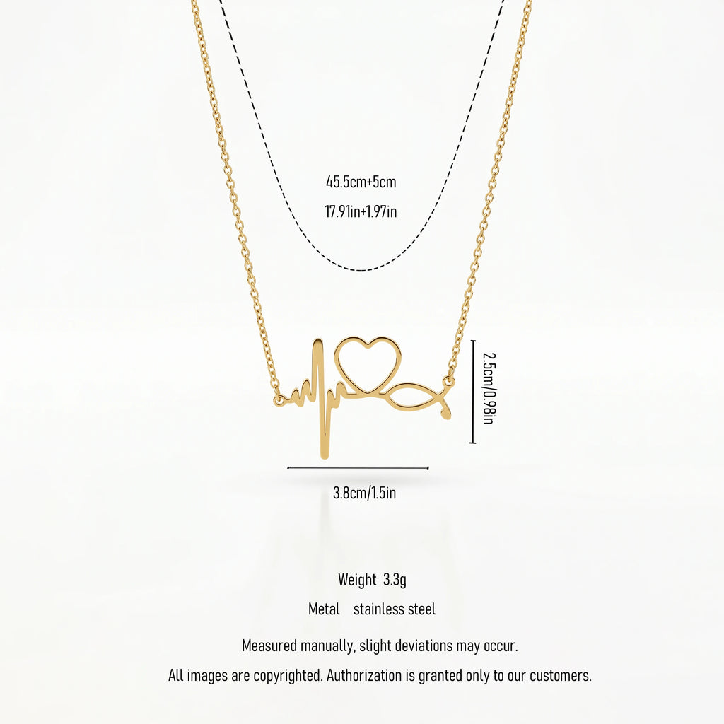 QIAOREN 11753 Waterproof Heartbeat Love Necklace 18K Gold Stainless Steel Beach & Everyday Wear