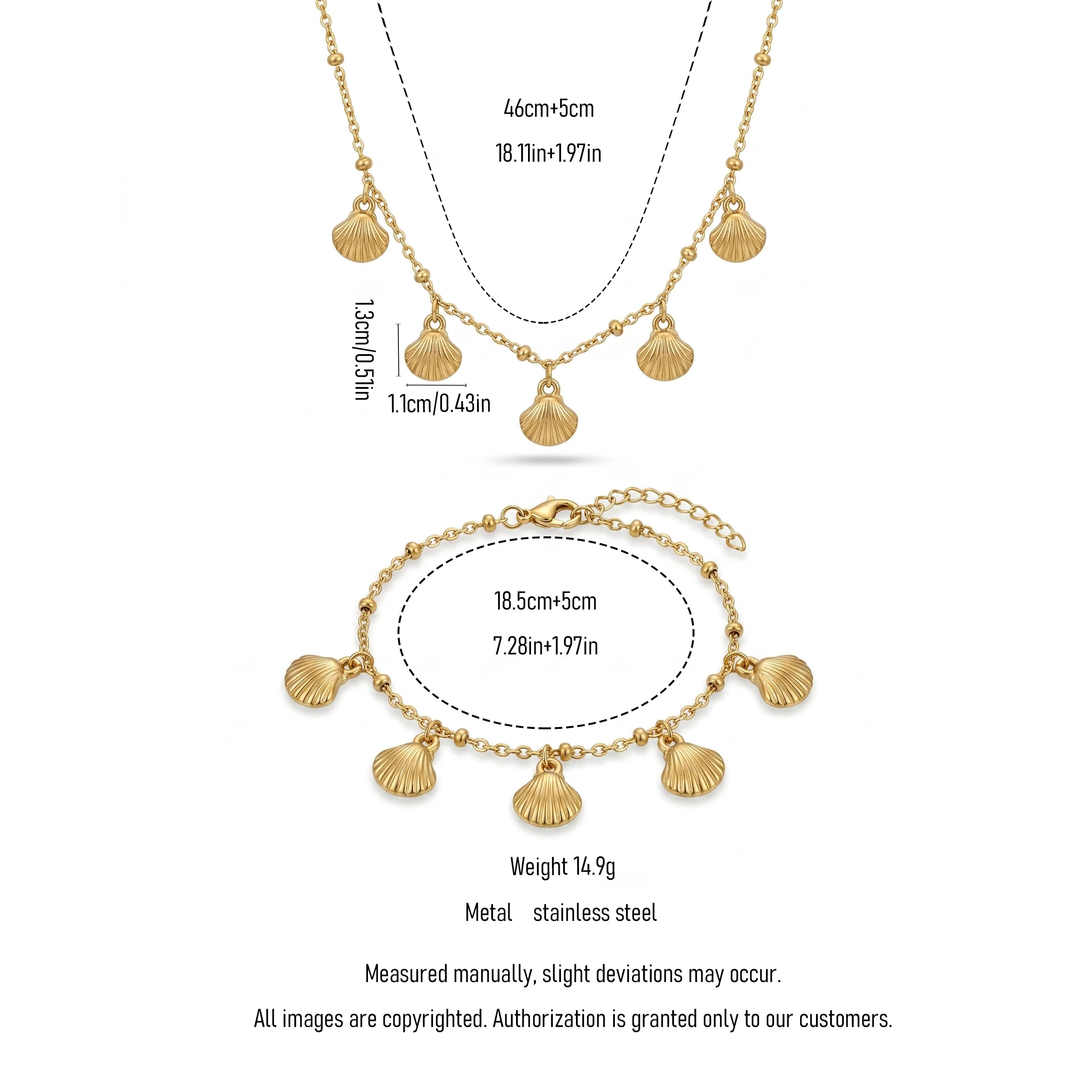 QIAOREN 12856 18K Gold Plated Stainless Steel Shell Charm Necklace Bracelet Set, Waterproof Beach Summer Jewelry for Women