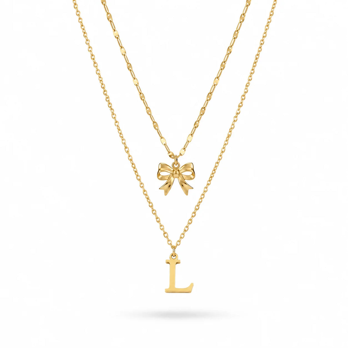 QIAOREN A-Z 26 Letter Bow Initial Necklace Stainless Steel Gold Silver Alphabet Pendant Custom Jewelry