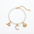 QIAOREN 13324 Celestial Pearl Anklet with Sun, Star & Rhinestone Moon Charms, Cosmic Trendy Foot Boho Daily Summer Looks