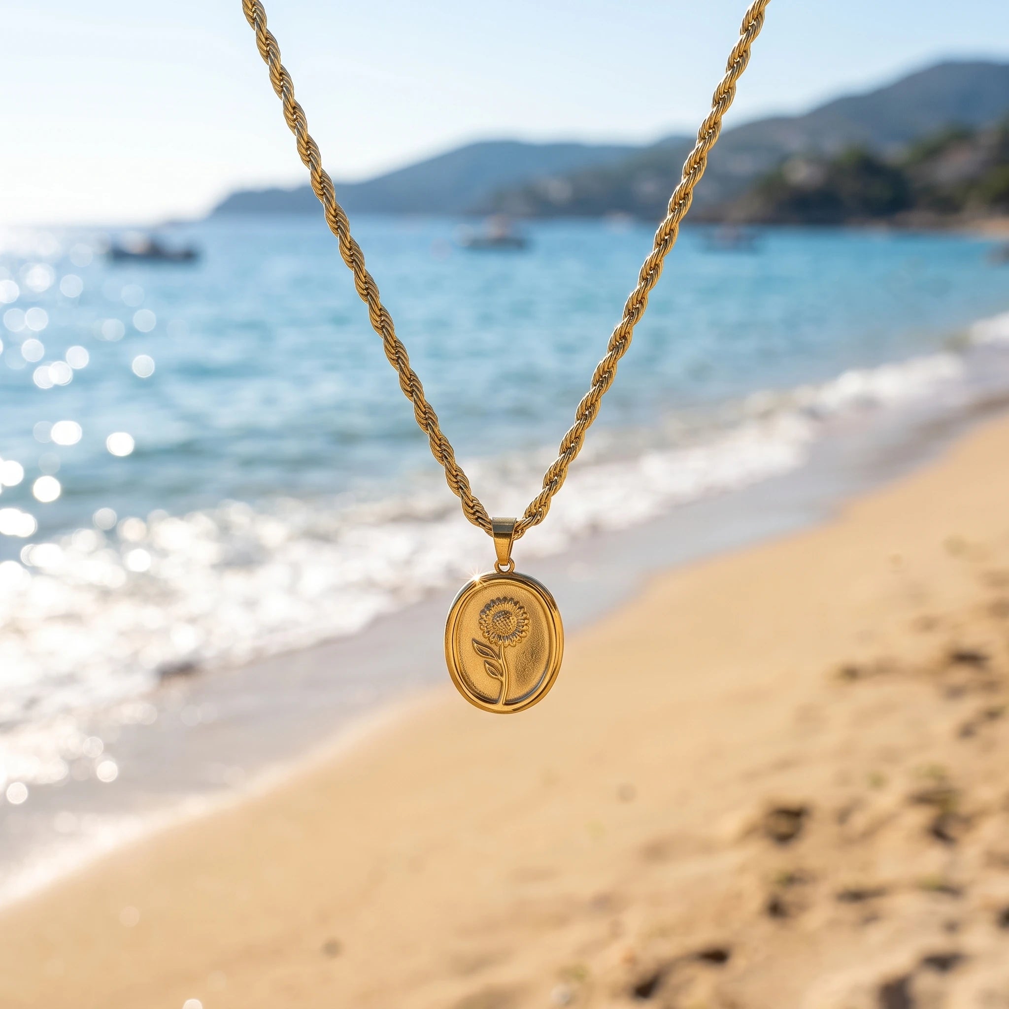 QIAOREN 13989 Twist Rope Chain Oval Embossed Flower Coin Pendant Necklace, Polished Gold Vintage Floral Medallion Collar
