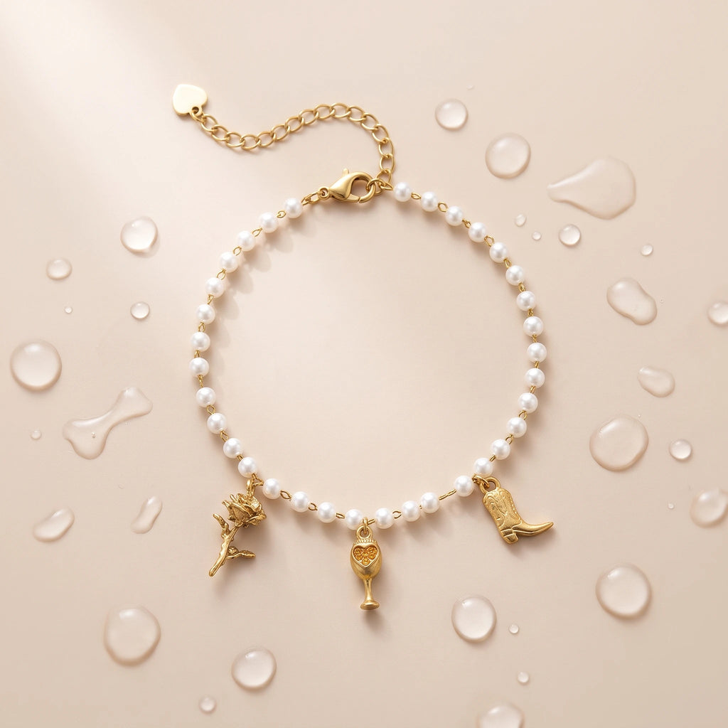 QIAOREN 13317 Delicate Pearl Anklet with Rose, Wine Glass & Boot Charms, Western Retro Foot Jewelry Gift for Daily Wear