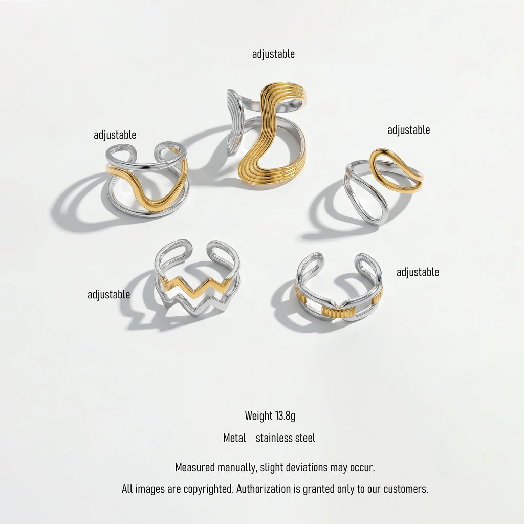 QIAOREN 12954-58 Gold Plated Stainless Steel Two Tone Snake Star Adjustable Rings Set Tarnish Free Waterproof Jewelry