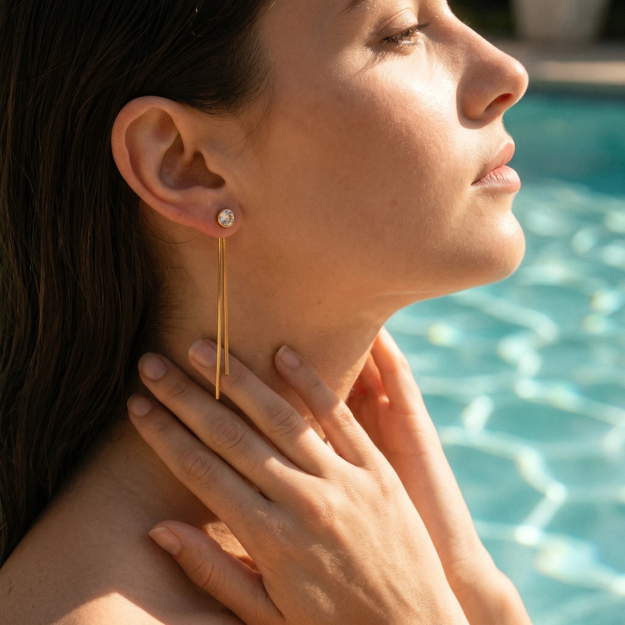QIAOREN 10747 Sleek Geometric Tassel Drop Cuff Earrings Stainless Steel Gold Plated with Snake Chain Water-Ready