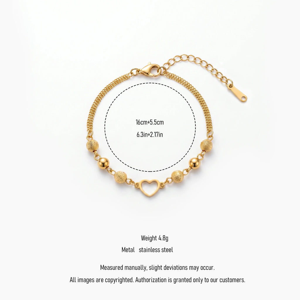 QIAOREN 13973 Stainless Steel Heart Charm Beaded Bracelet Gold Layered Chain Bracelet Adjustable Minimalist Jewelry for Women