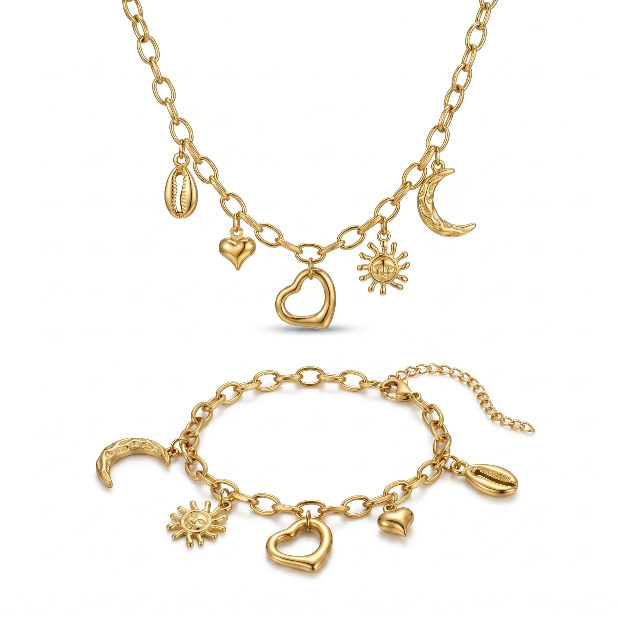 QIAOREN 11685 Boho Beach Sun Moon Shell Charm Jewelry Set 18K Gold Stainless Steel Paperclip Chain Necklace Bracelet
