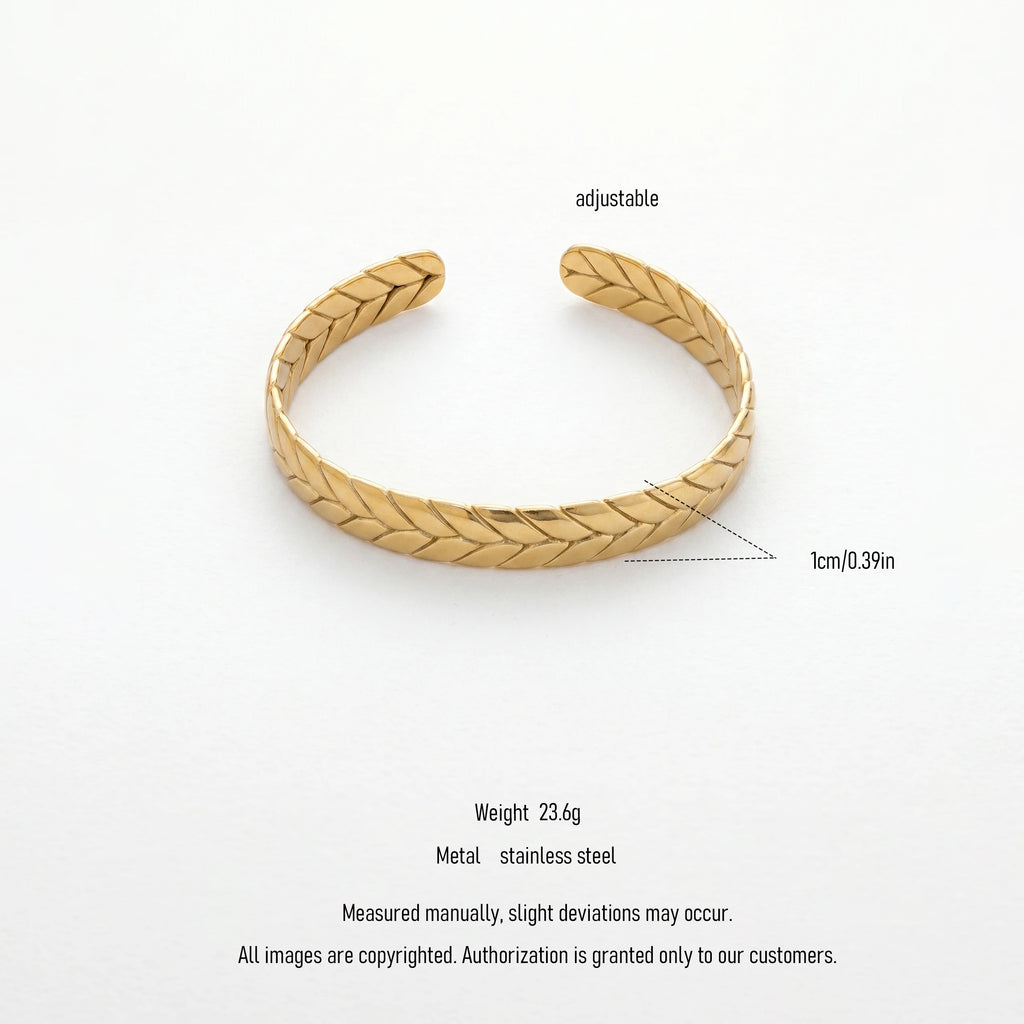 QIAOREN 12649 18K Gold Plated Stainless Steel Wheat Leaf Cuff Bracelet Adjustable Open Bangle Anti Tarnish Wrist Jewelry