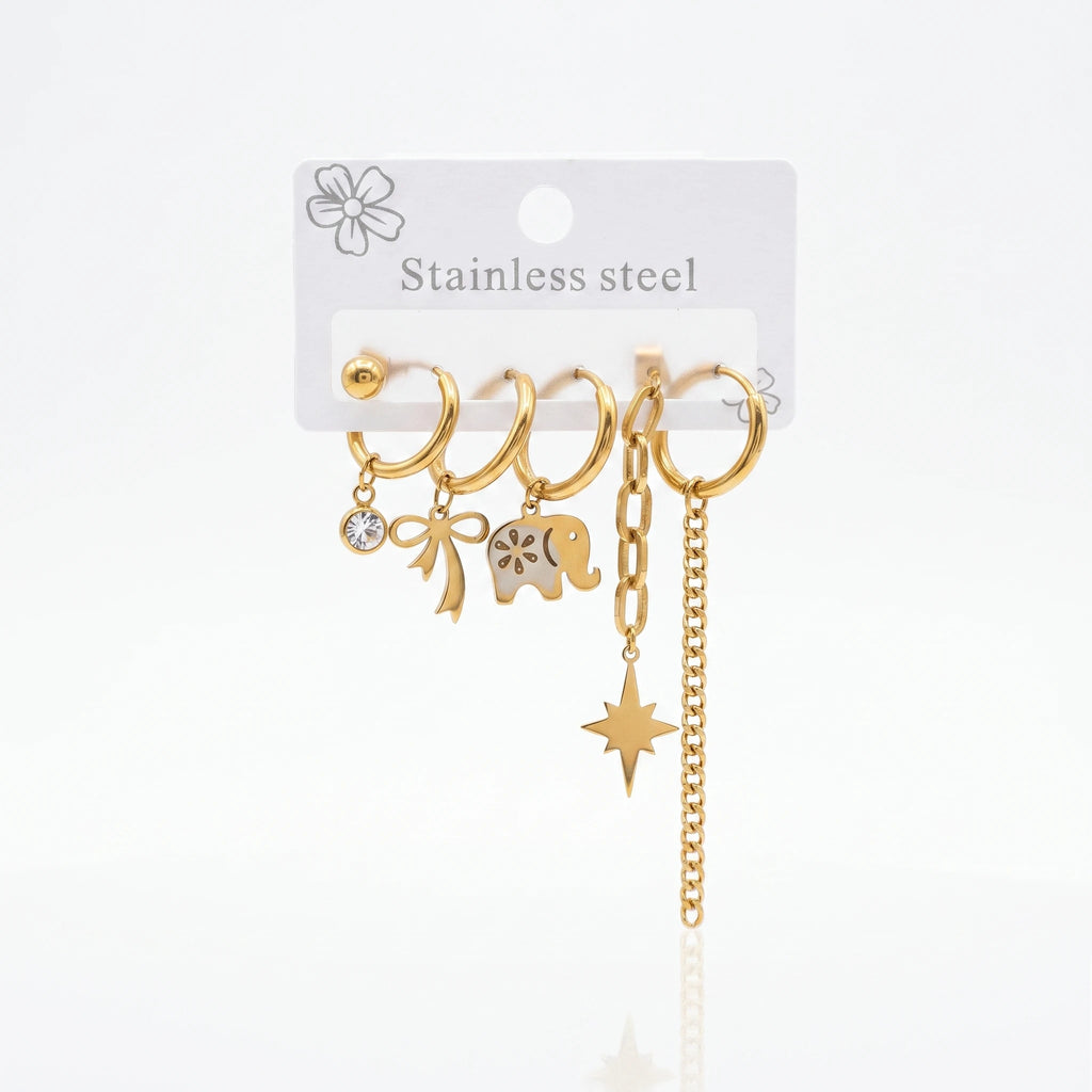QIAOREN 14478 Stainless Steel Gold Dangle Huggie Hoop Earrings Set, Enamel Elephant, Bow, North Star & Chain Tassel Ear Jewelry