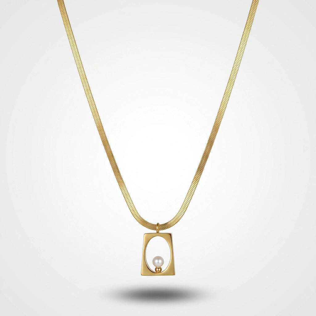 QIAOREN 13807 Thin Flat Herringbone Snake Chain Pendant Necklace with Hollow Rounded Square Frame Charm Single White Pearl