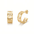 QIAOREN 13445 Gold Tone Hollow Greek Key C Shape Stud Earrings Classic Geometric Cut Out Half Circle Ear Jewelry Gift