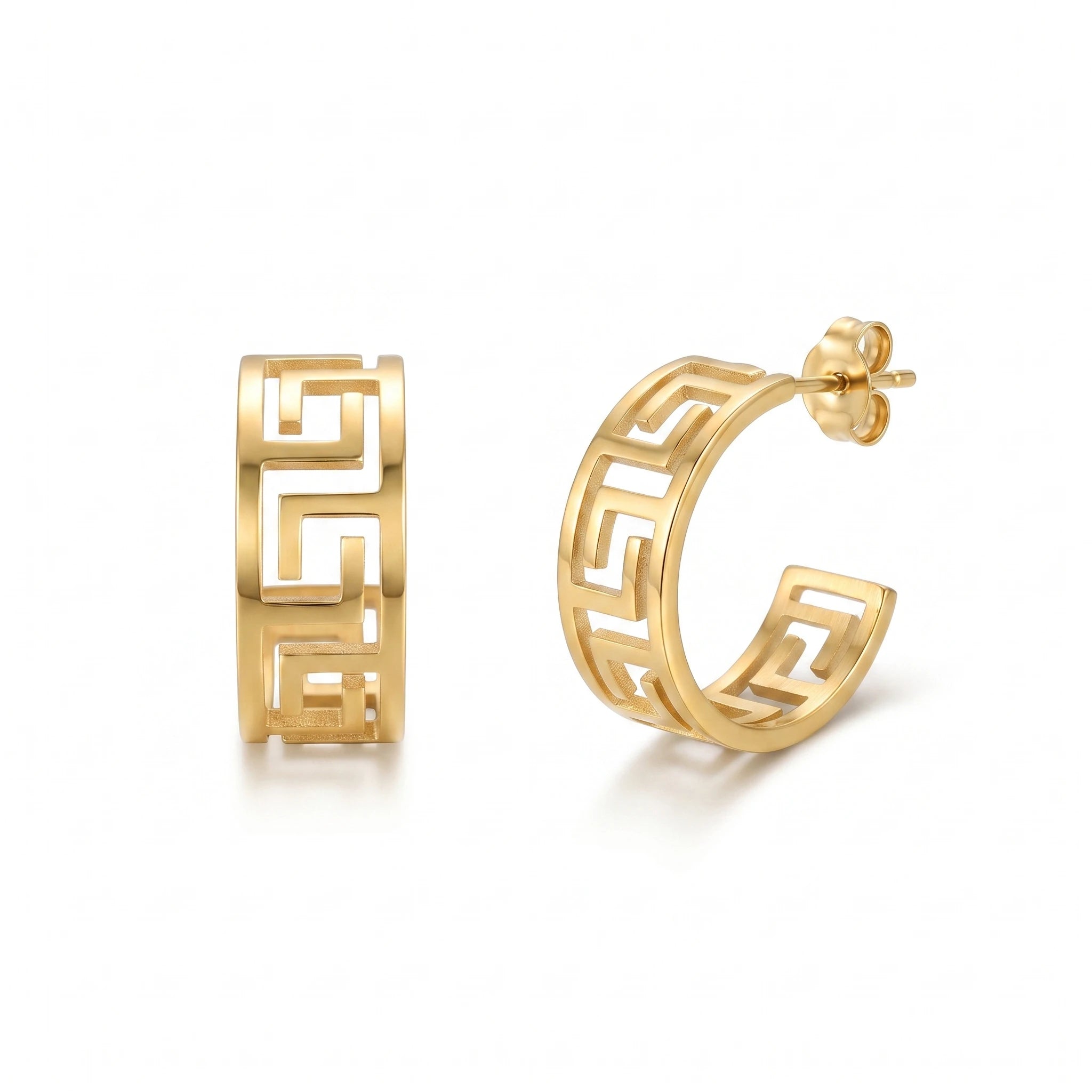 QIAOREN 13445 Gold Tone Hollow Greek Key C Shape Stud Earrings Classic Geometric Cut Out Half Circle Ear Jewelry Gift