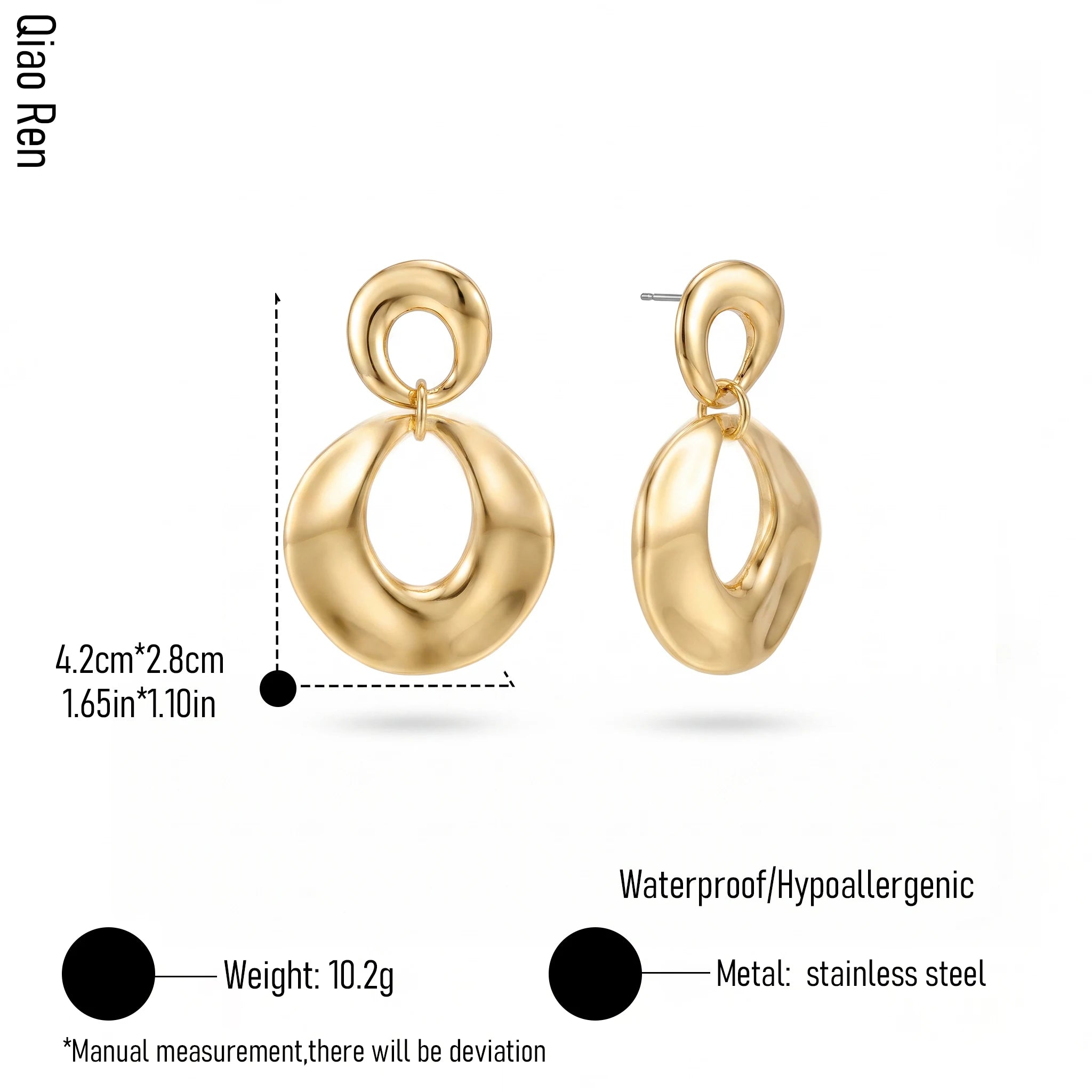 QIAOREN 14545 Two Link Organic Oval Drop Stud Earrings,Thick Tube Interlinked Dangle Earrings, Hypoallergenic Statement Jewelry