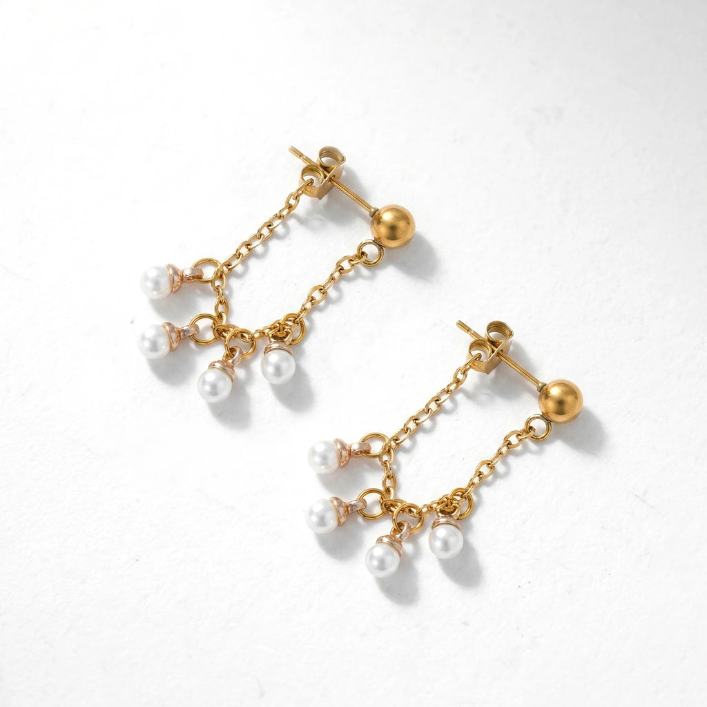 QIAOREN 11872 Trendy Multi-Pearl Cluster Chain Dangle Earrings Stainless Steel 18K Gold Plated Dainty Fringe Jewelry for Women