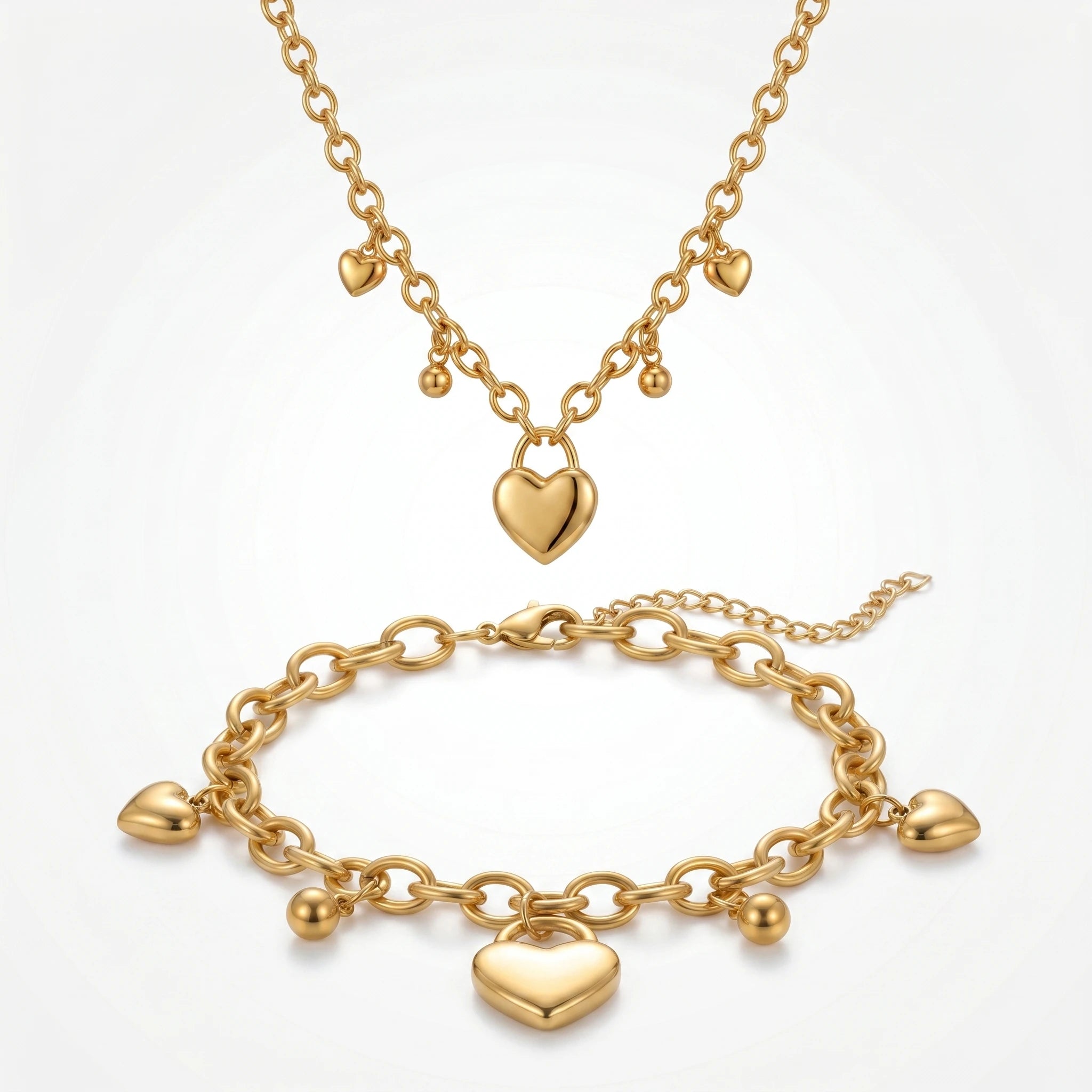 QIAOREN 12919 18K Gold Plated Puffy Heart Necklace, Waterproof Tarnish Free Stainless Steel Lariat Heart Jewelry for Women
