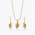 QIAOREN 11069 Luxury Matte Gold Leaf Jewelry Set Stainless Steel Pendant Necklace and Drop Earrings for Women