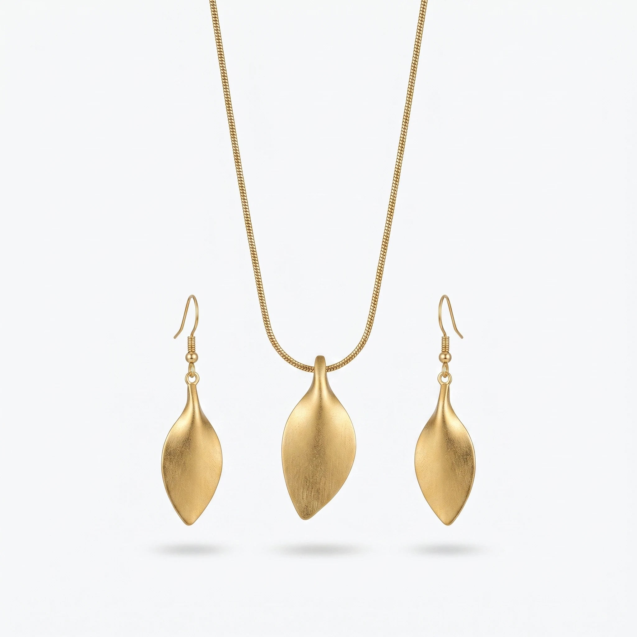 QIAOREN 11069 Luxury Matte Gold Leaf Jewelry Set Stainless Steel Pendant Necklace and Drop Earrings for Women