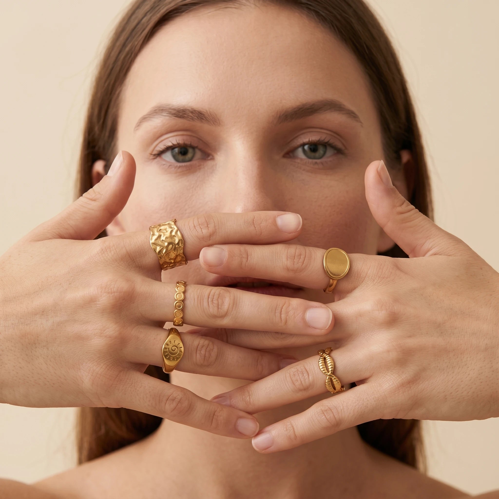 QIAOREN Stainless Steel 5Pcs Stackable Ring Set PVD Gold Plated Adjustable Open Jewelry for Women