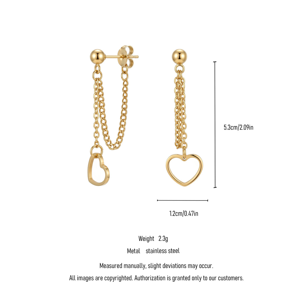 QIAOREN 11190 Minimalist Heart Stud Earrings with Chain Detail Gold Stainless Steel Fashion Earrings for Women