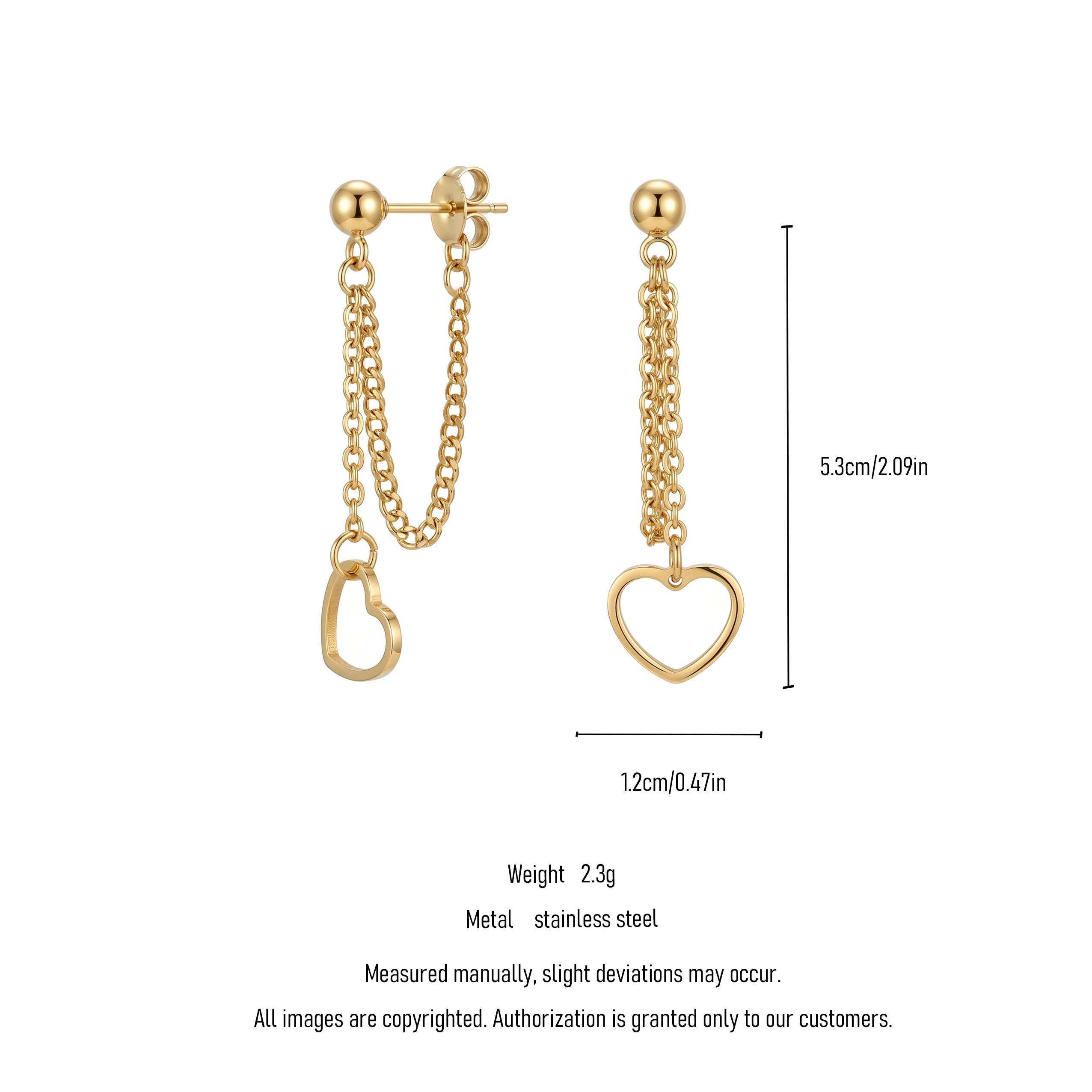QIAOREN 11190 Minimalist Heart Stud Earrings with Chain Detail Gold Stainless Steel Fashion Earrings for Women