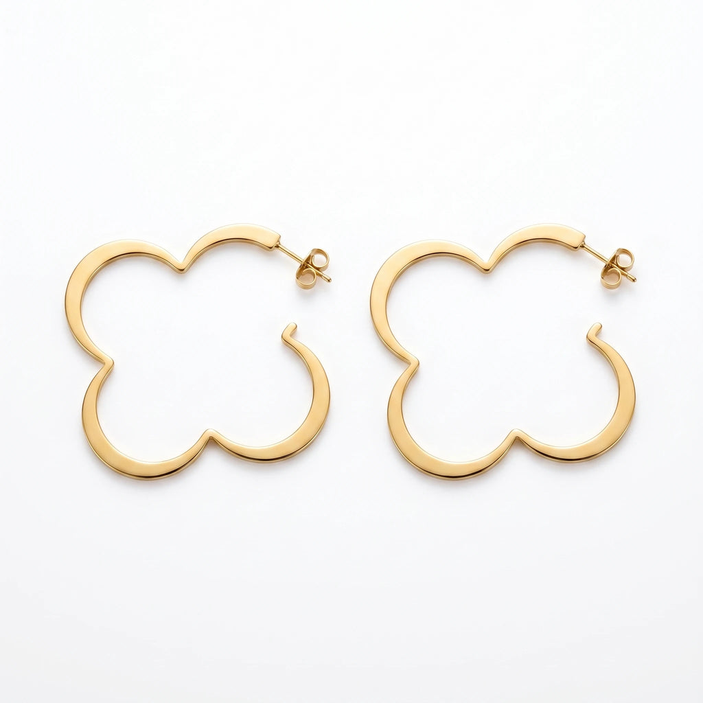 QIAOREN 10735 Gold/Silver Stainless Steel Clover Hoop Earrings, Tarnish Resistant Large Open Flower Statement Earrings