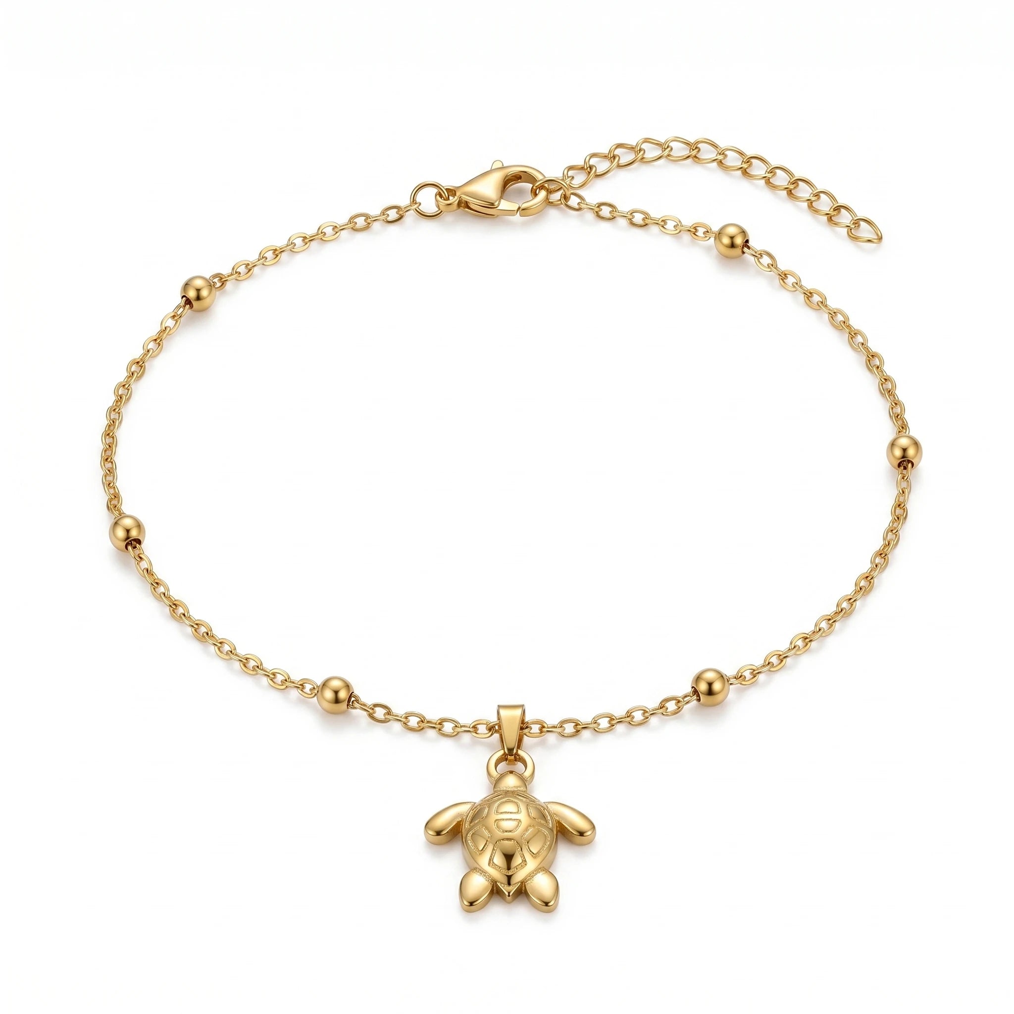 QIAOREN 11441 Dainty Boho Sea Turtle Charm Anklet 18K Gold Plated Stainless Steel Beach Foot Jewelry