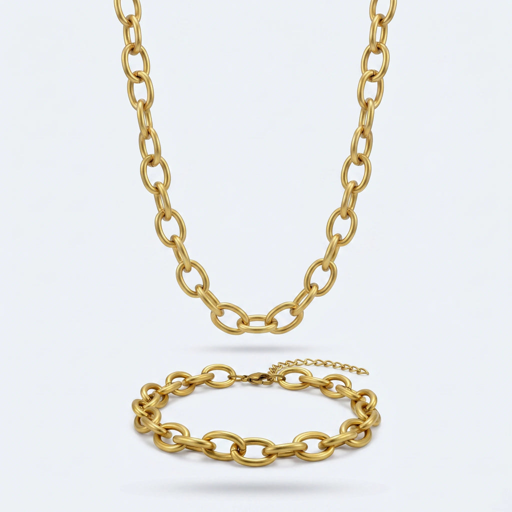 QIAOREN 10543 18K Stainless Steel Trendy Oval Link Chain Necklace Bracelet Waterproof Tarnish Free Adjustable Jewelry Set
