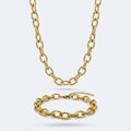 QIAOREN 10543 18K Stainless Steel Trendy Oval Link Chain Necklace Bracelet Waterproof Tarnish Free Adjustable Jewelry Set