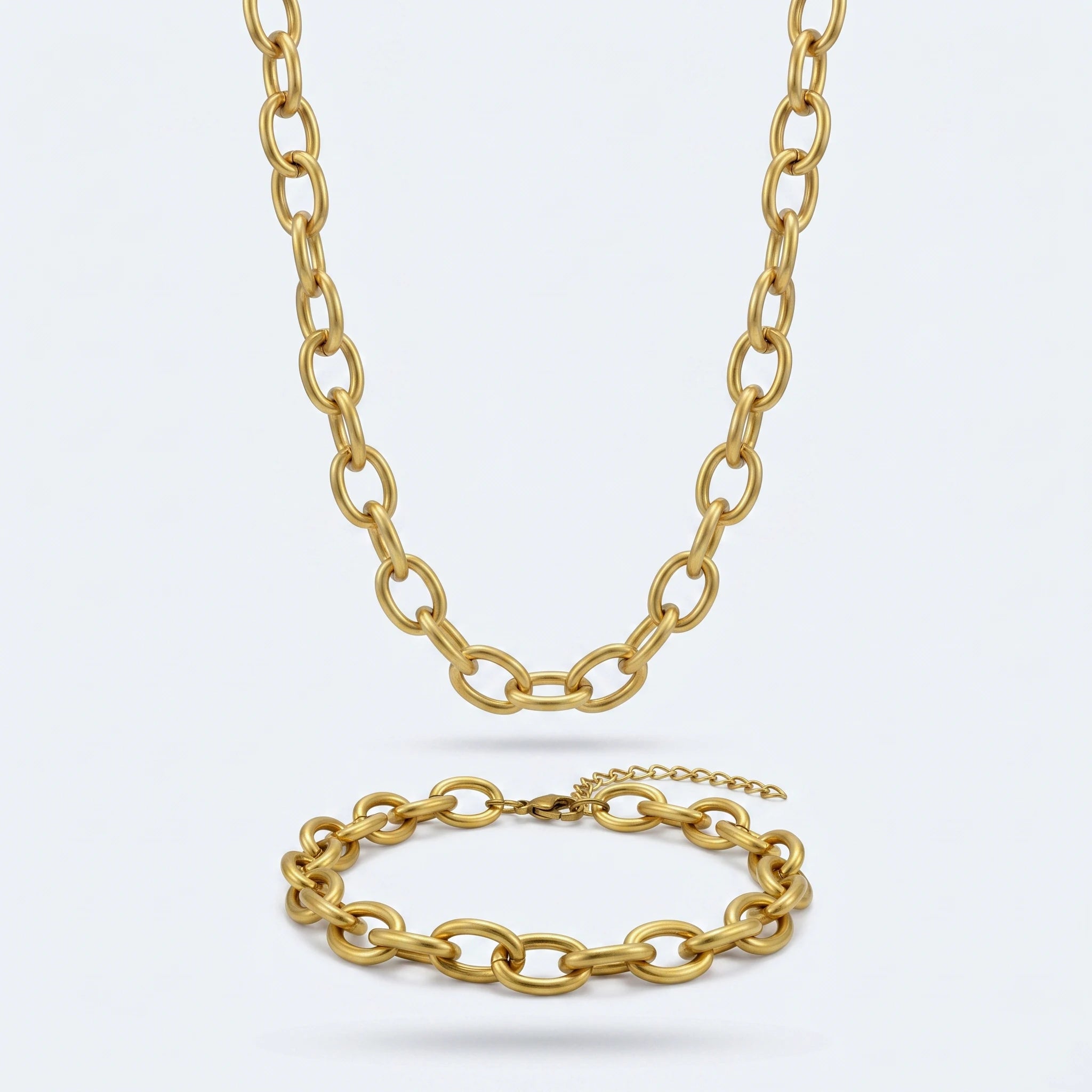 QIAOREN 10543 18K Stainless Steel Trendy Oval Link Chain Necklace Bracelet Waterproof Tarnish Free Adjustable Jewelry Set