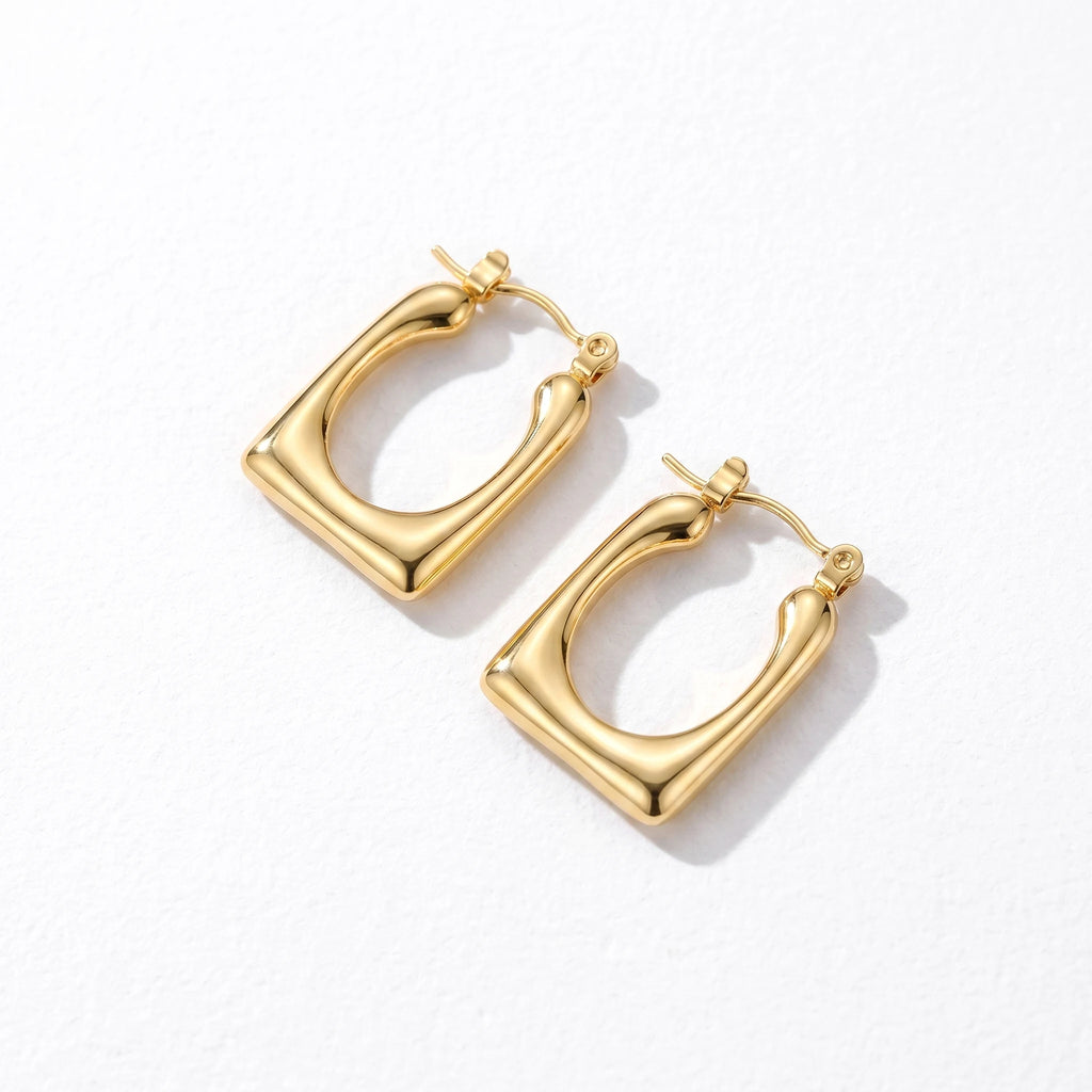 QIAOREN 12532 Bold Rectangular Hoop Earrings Gold Stainless Steel Chunky U Shaped Hoops Women 90s Retro Jewelry US EU