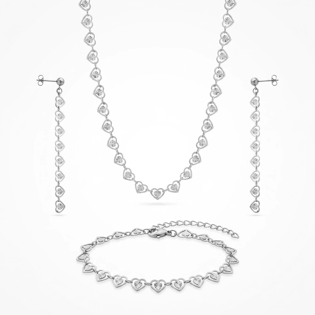 QIAOREN 11581 18K Gold Plated Stainless Steel Heart Jewelry Set Women Hollow Necklace Bracelet Dangle Earrings 3PCS