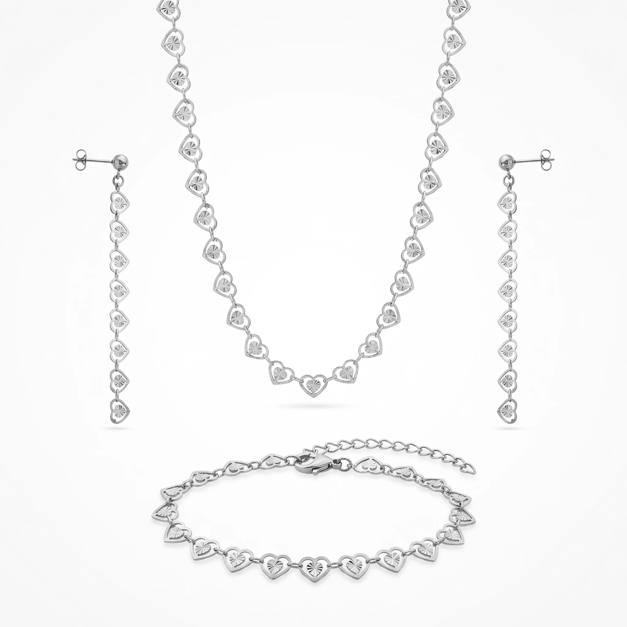 QIAOREN 11581 18K Gold Plated Stainless Steel Heart Jewelry Set Women Hollow Necklace Bracelet Dangle Earrings 3PCS