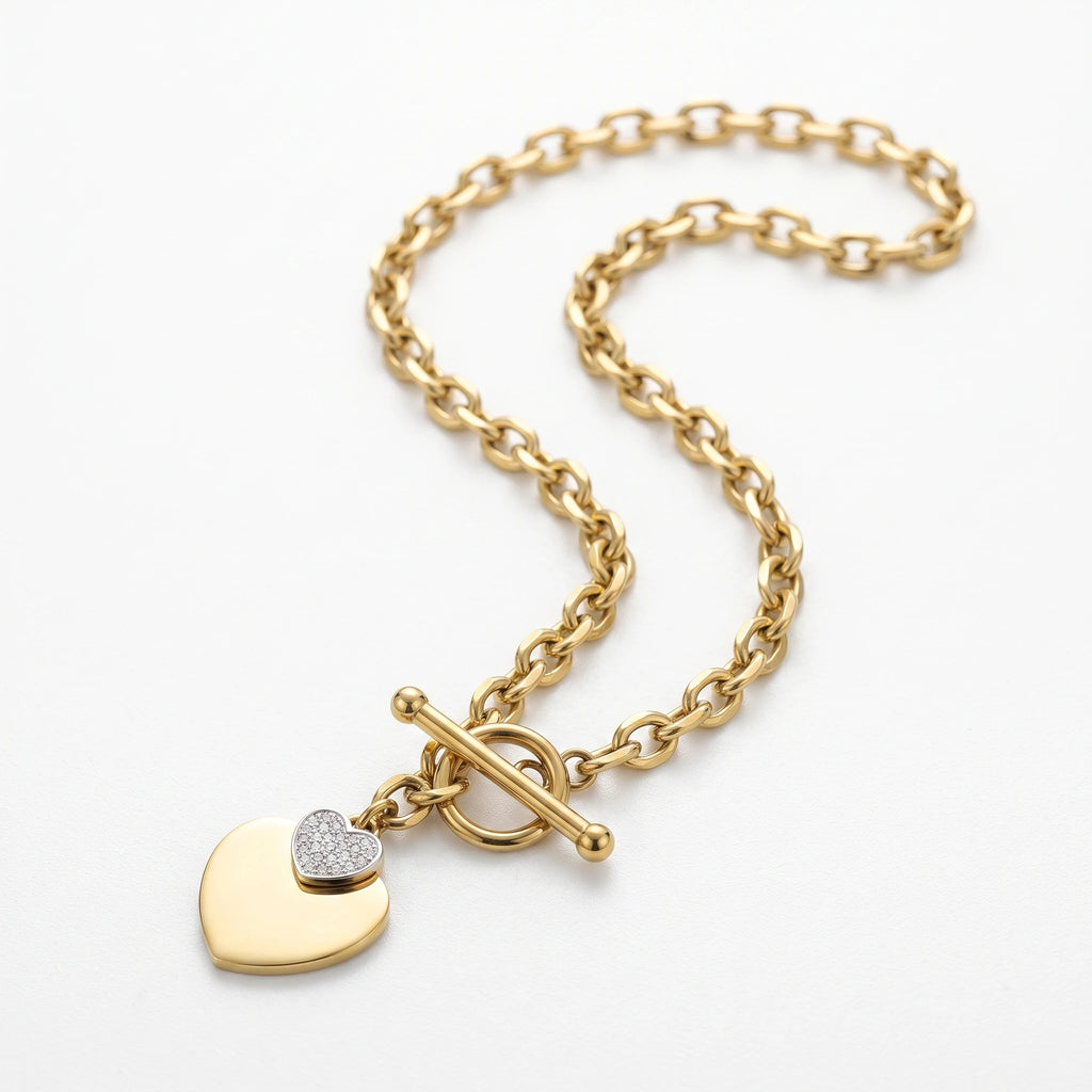 QIAOREN 13539 Chunky Oval Link Heart Necklace, Two-tone Solid & Paved Zircon Love Charms Gold Necklace