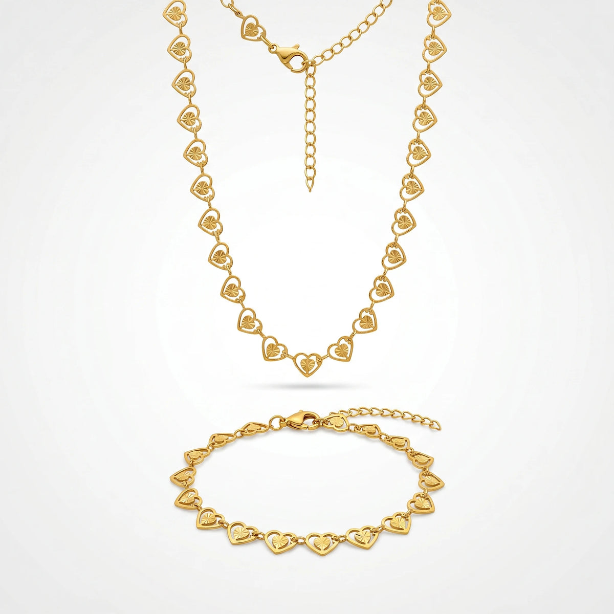 QIAOREN Minimalist Textured Hollow Heart Gold Plated Stainless Steel Necklace & Bracelet Set for Women Daily Wear Jewelry