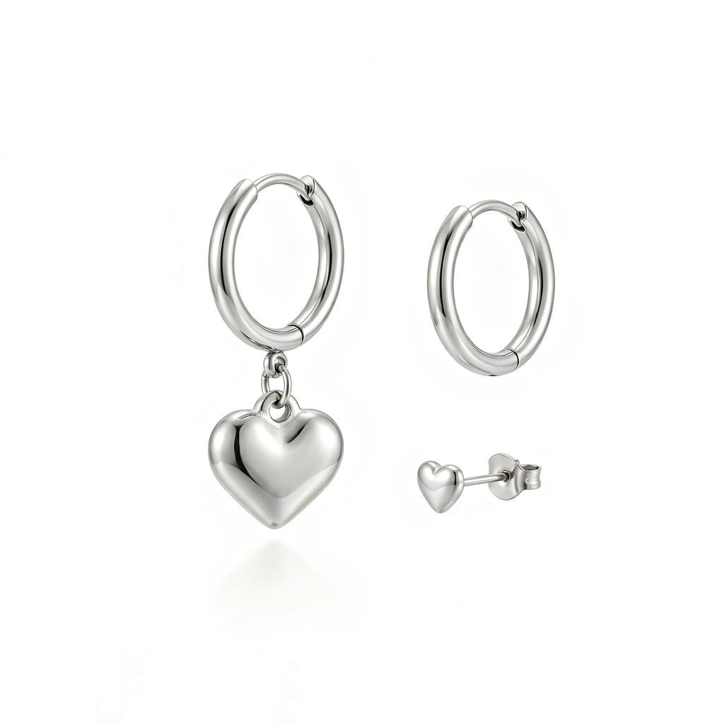 QIAOREN 11764 Minimalist Solid Puffy Heart Combo Earrings 18K Gold Plated Stainless Steel Hoop Stud Set Party Women's