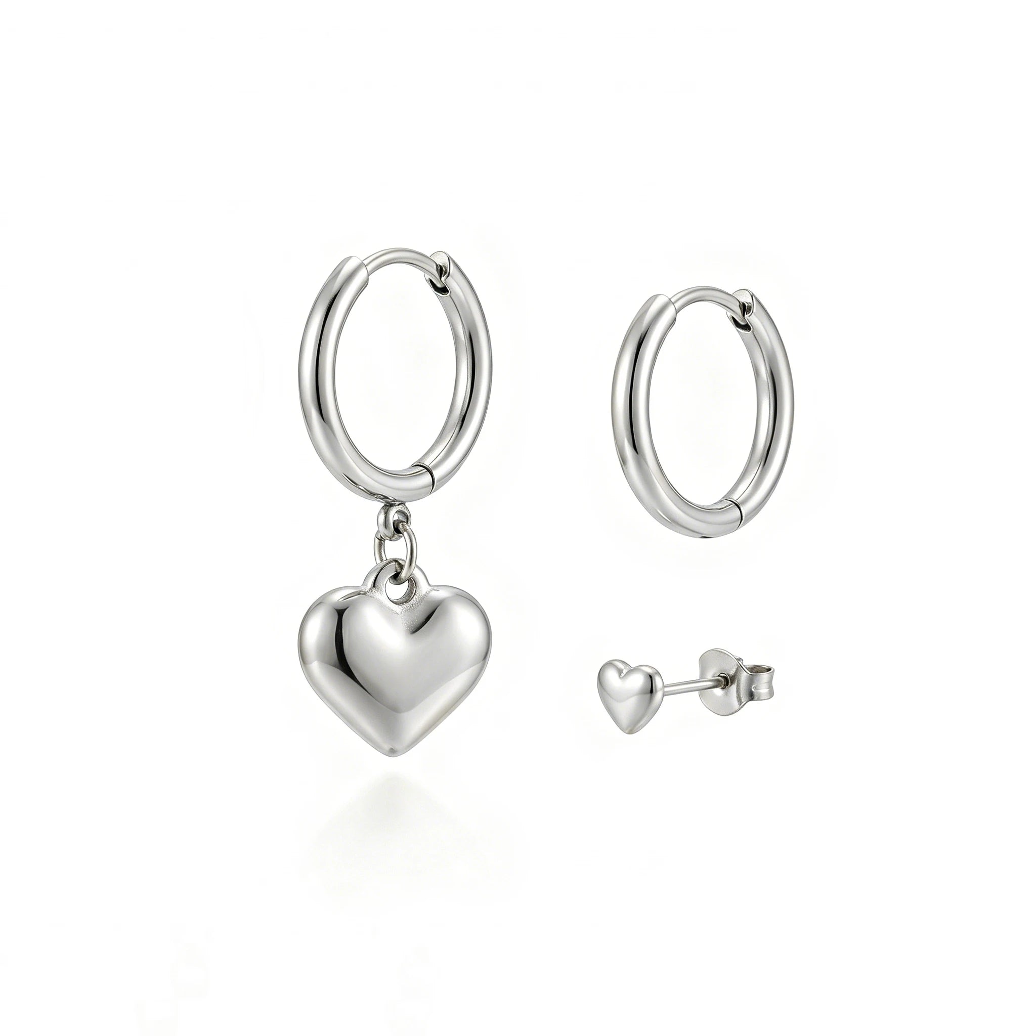 QIAOREN 11764 Minimalist Solid Puffy Heart Combo Earrings 18K Gold Plated Stainless Steel Hoop Stud Set Party Women's