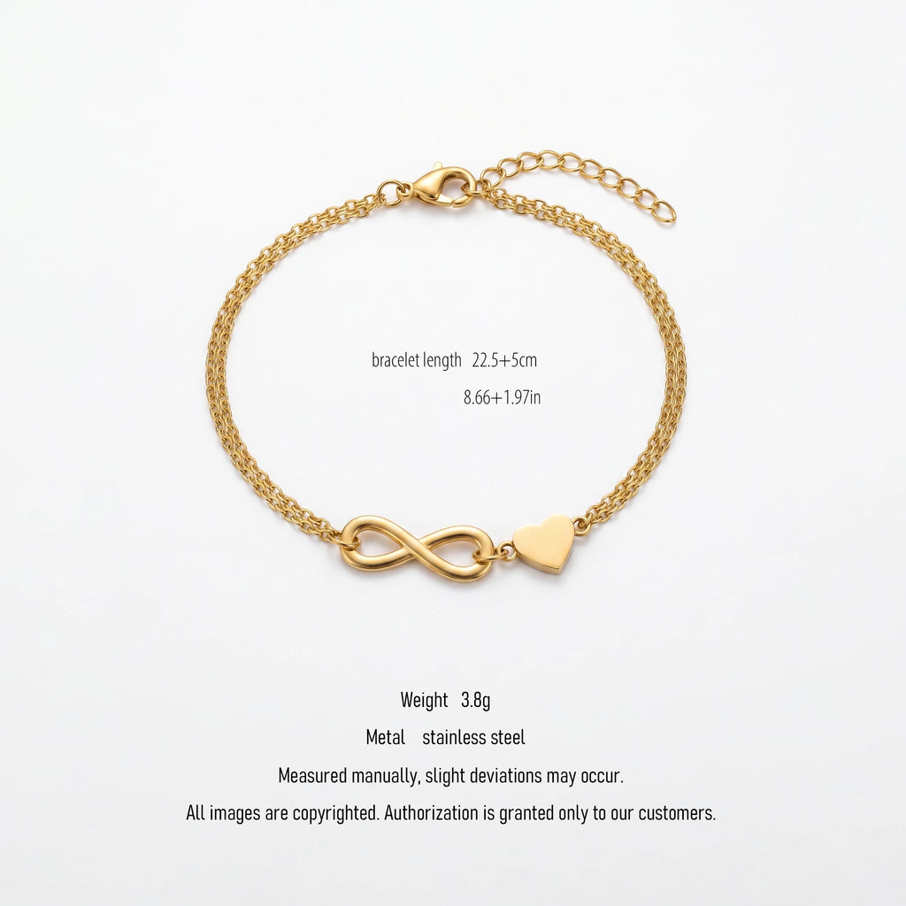QIAOREN 10578 Infinity Love Heart Chain Bracelet 18K Gold Plated Stainless Steel Waterproof Tarnish Free Jewelry for Women