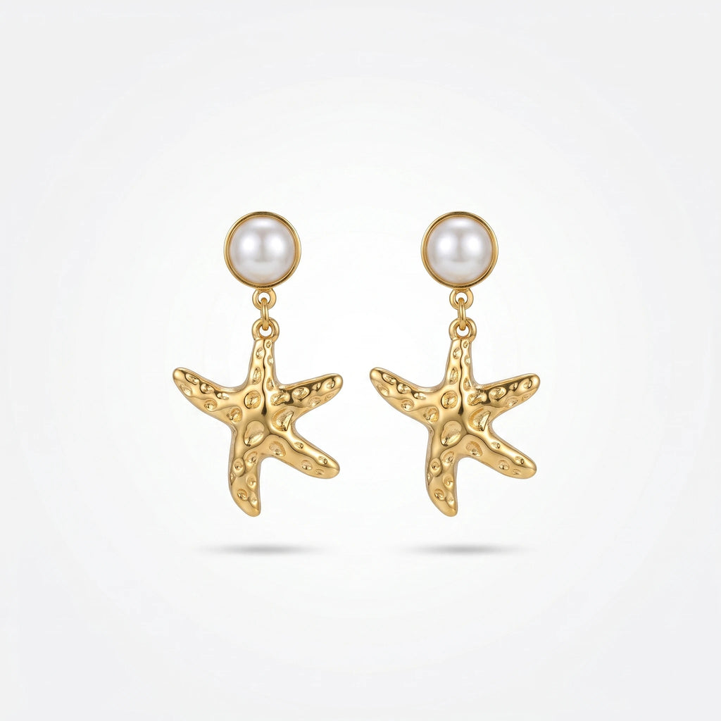 QIAOREN 13216 Gold Plated Pearl Starfish Drop Earrings for Women Stainless Steel Beach Coastal Fashion Jewelry